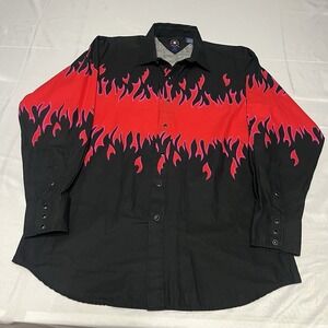 Brooks & Dunn Panhandle Slim Shirt Mens L Black Red Flame Pearl Snap Western